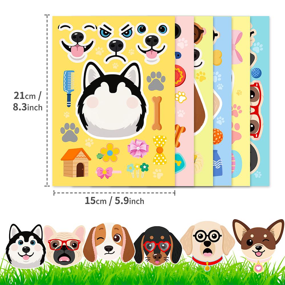 6/12sheets Cute Dogs Make a Face Puzzle Stickers Kawaii Animal Graffiti Decals DIY Assemble Jigsaw Education Reward Sticker Toy