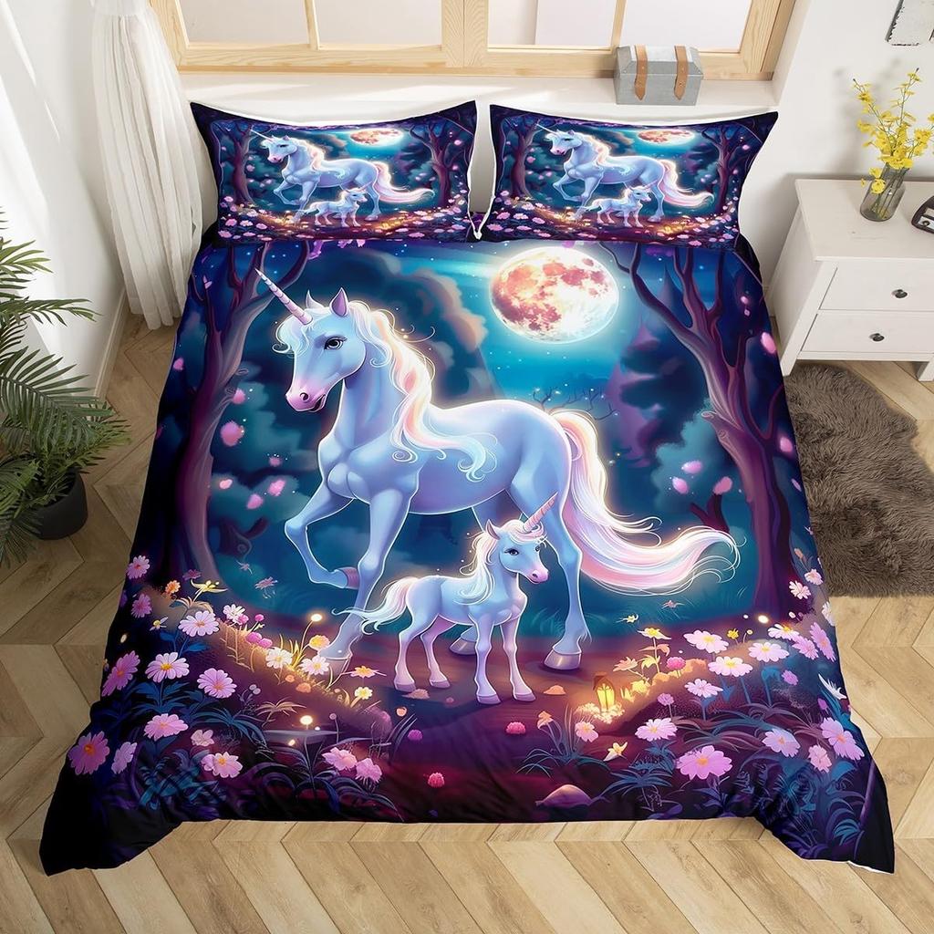 Einhorn Pferd Bettbezug Set Queen Size Träumerisches Regenbogen Bettwäsche 3 Teile Kinder Teenager Buntes Funkelndes Galaxie Set 2 Kissenbezüge