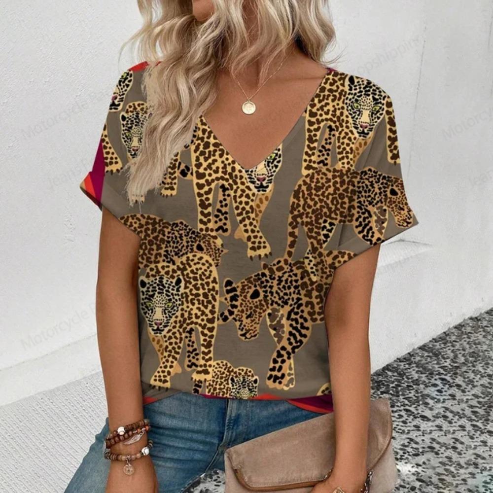 Sexy Leopard 3d Print V-Neck T-shirt Women Fashion Tops Tees Summer Short Sleeve Oversized T Shirt Animal Tshirt Womens Clothes