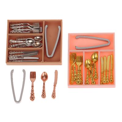 1Set 1:12 Dollhouse Mini Knife Fork Spoon Clips Tableware With Storage Box Dollhouse Kitchen Supplies Utensils Decor Accessories