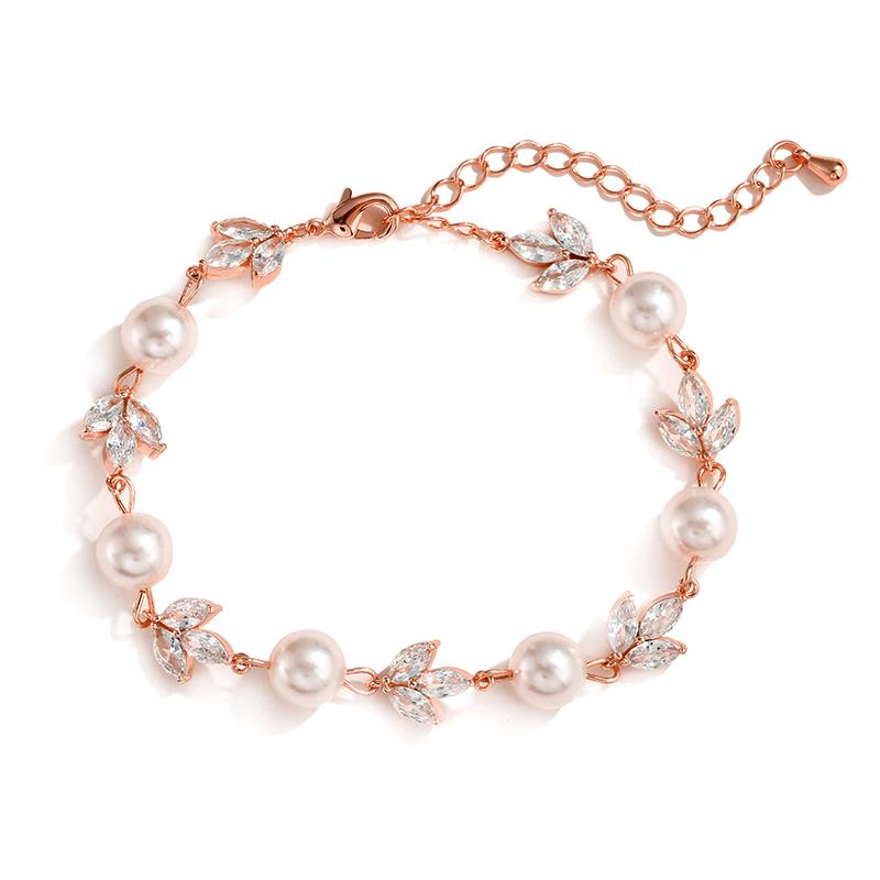 

Fashion Round Pearl Bracelets for Women Elegant Leaf Sparking Zircon Chain Bracelet Wedding Engagement Party Jewelry Rose Gold