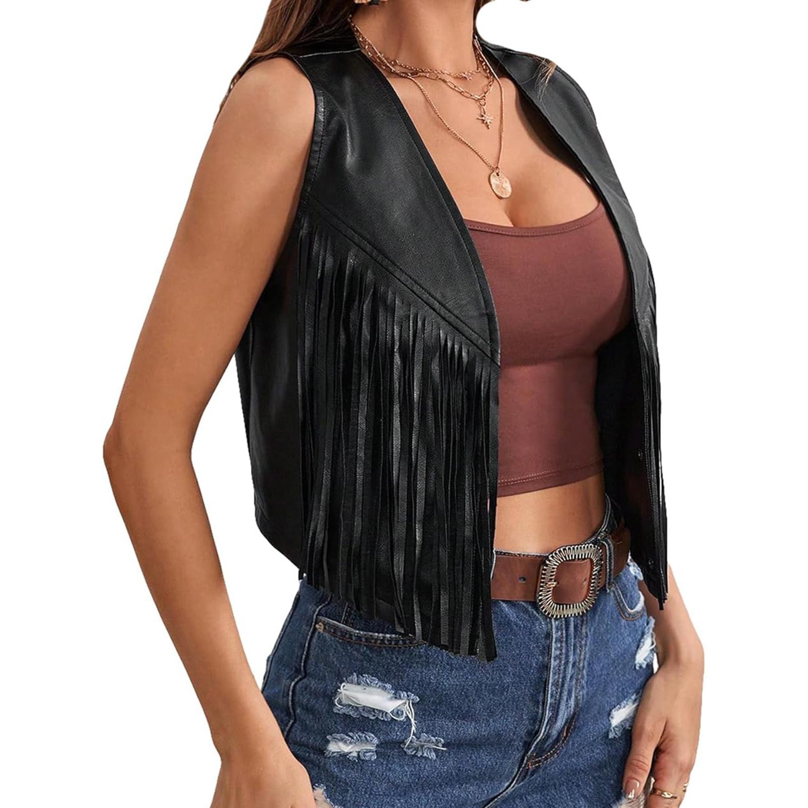 

Женский кожаный жилет с кисточками 70-х годов, костюм хиппи, без рукавов, ковбойский, западный, верхняя одежда XXL чёрный