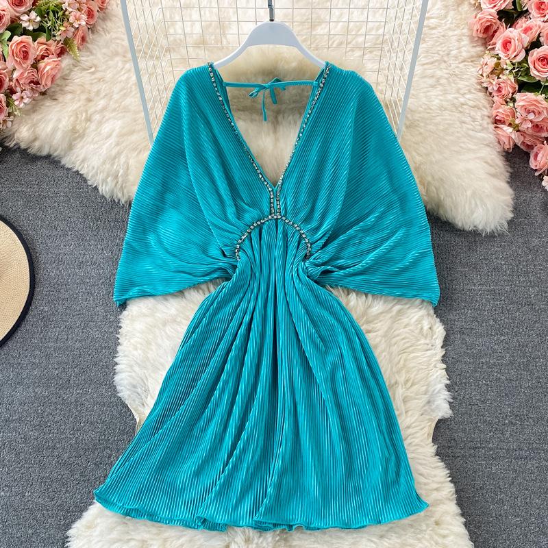 

Высококачественное сексуальное темпераментное свободное плиссированное платье с v-образным вырезом и открытой спиной на талии и рукавами «летучая мышь» One Size