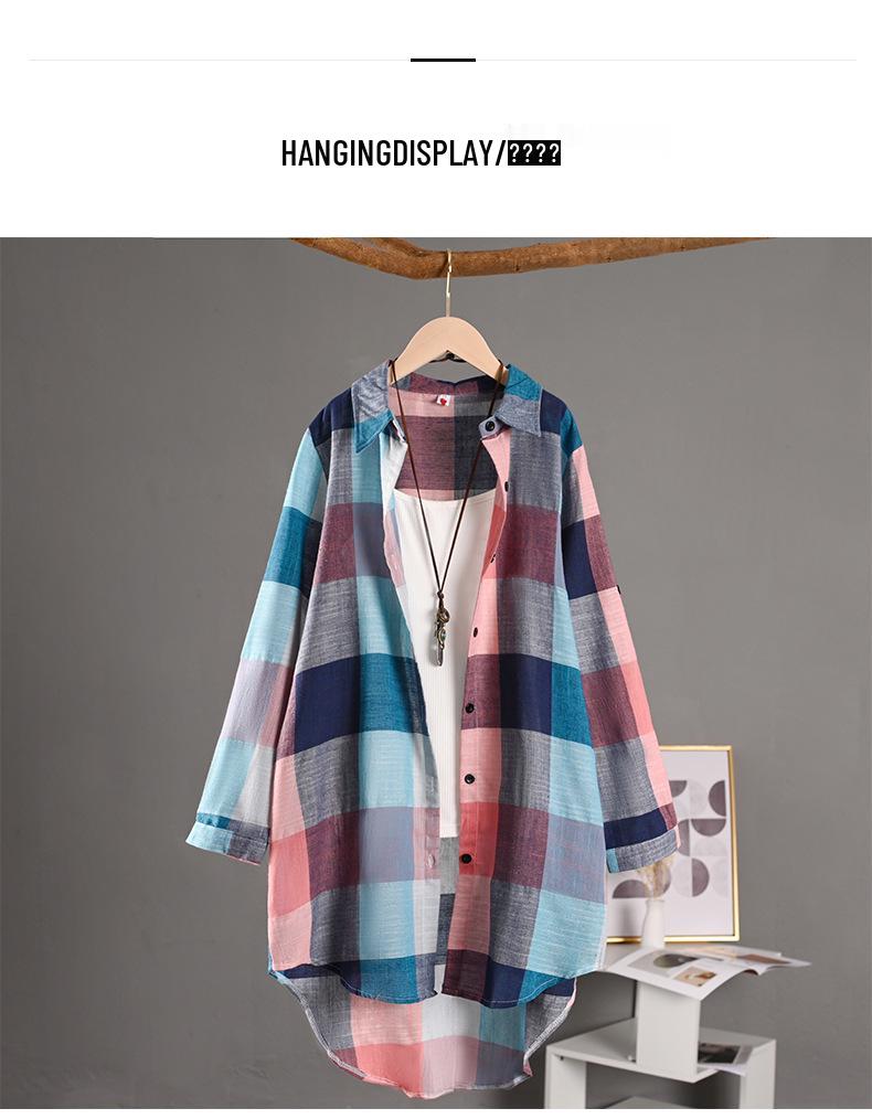 Women's Plaid Long Sleeve Sun Protection Shirt – Loose, Plus Size, Cotton Linen Jacket