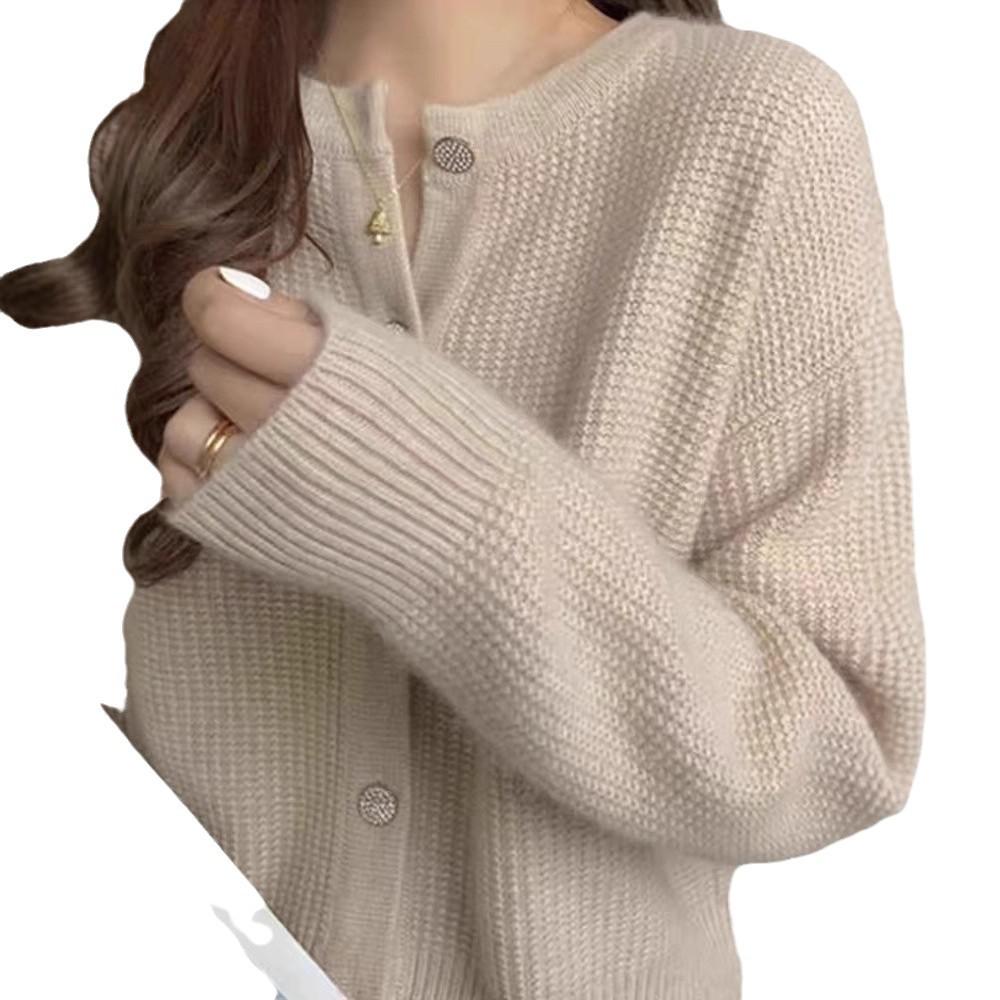 European 100% Pure Wool Knitted Cardigan: Women's Round Neck, Autumn/Winter, High-End Loose Fit Sweater Coat