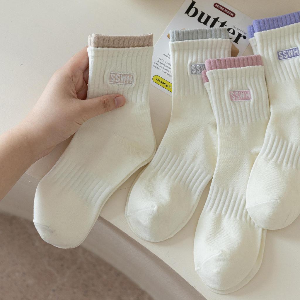 Dámské zimní bavlněné sportovní ponožky střední délky - Dvojité manžety, Vyšívaná písmena, Trendy, Teplé, Pohodlné.