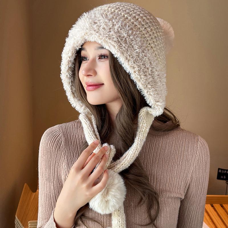 

Зимняя цветочная шапка для детей в корейском стиле с бархатной теплой защитой для ушей, вязаная шапка, утолщенная вязаная шапка, ветрозащитная, для улицы, с защитой от холода