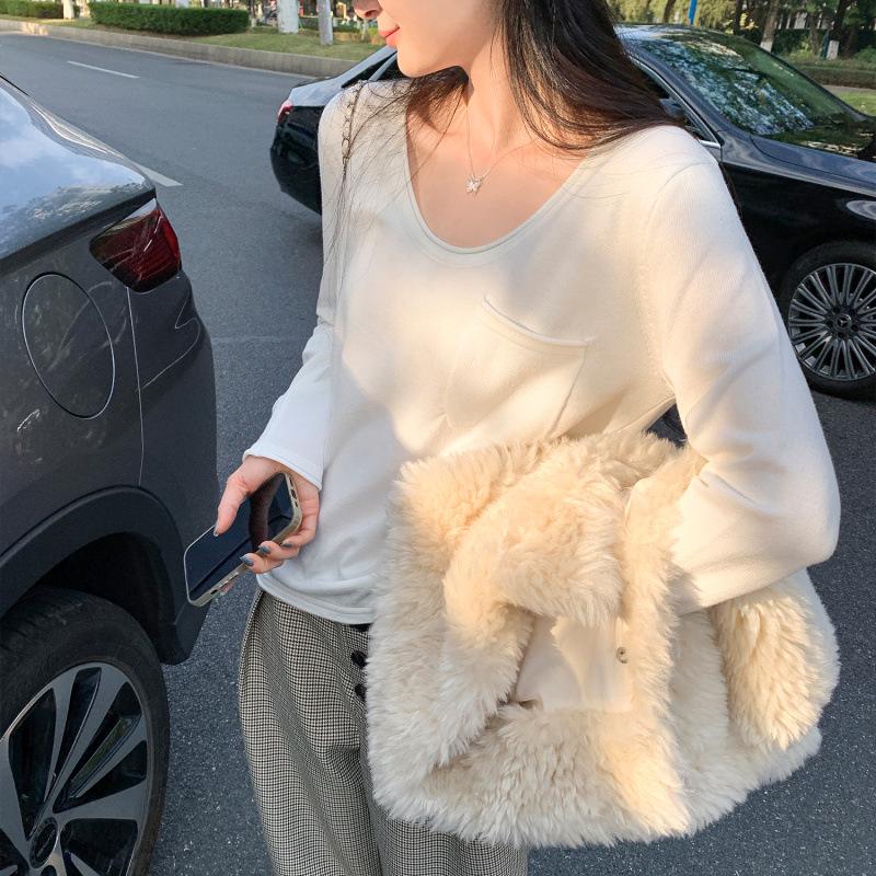 

Women s French U-neck Long-sleeve T-shirt, Autumn/Winter Style: Loose, Flattering, Slimming, Trendy, Youthful Base Layer. Small белый