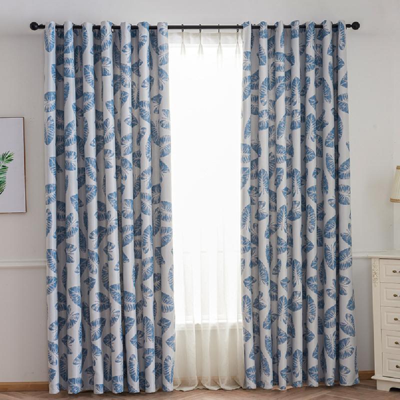 Leaf Printing Shading Window Curtain  with Hanging Holes 1*2.5m High Living Room Bedroom Drapes