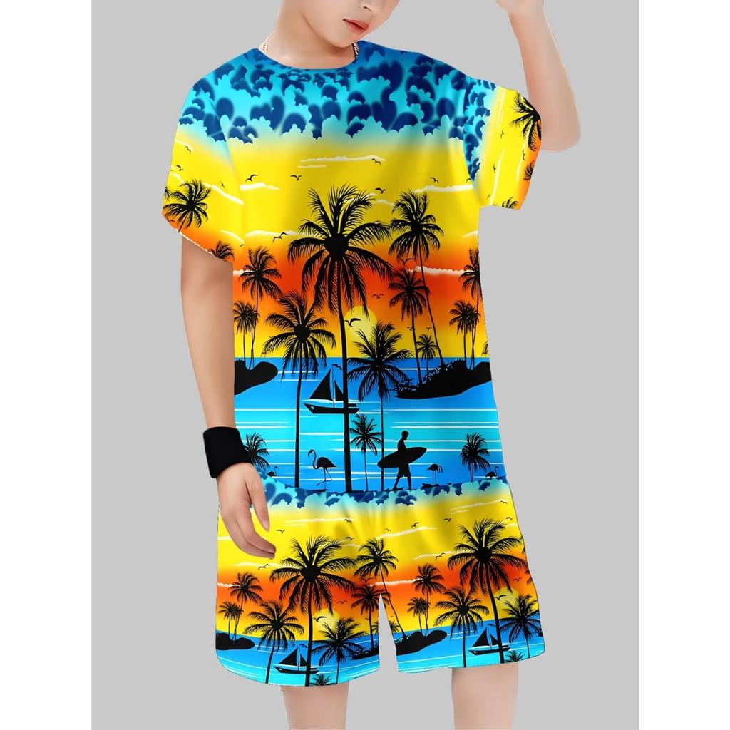 Summer boys' casual sports short sleeved shorts 2-piece set - brown paulownia tree 3D printed pattern T-shirt top+shorts set