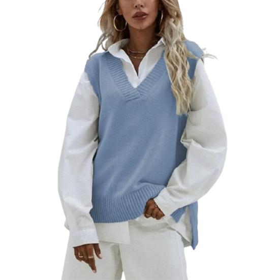 

Жіночий в язаний жилет без рукавів з V-подібним вирізом в язаний пуловер з роздільним ребром, светр, жилет, блуза, жилет, сорочка One Size небо синє кольору