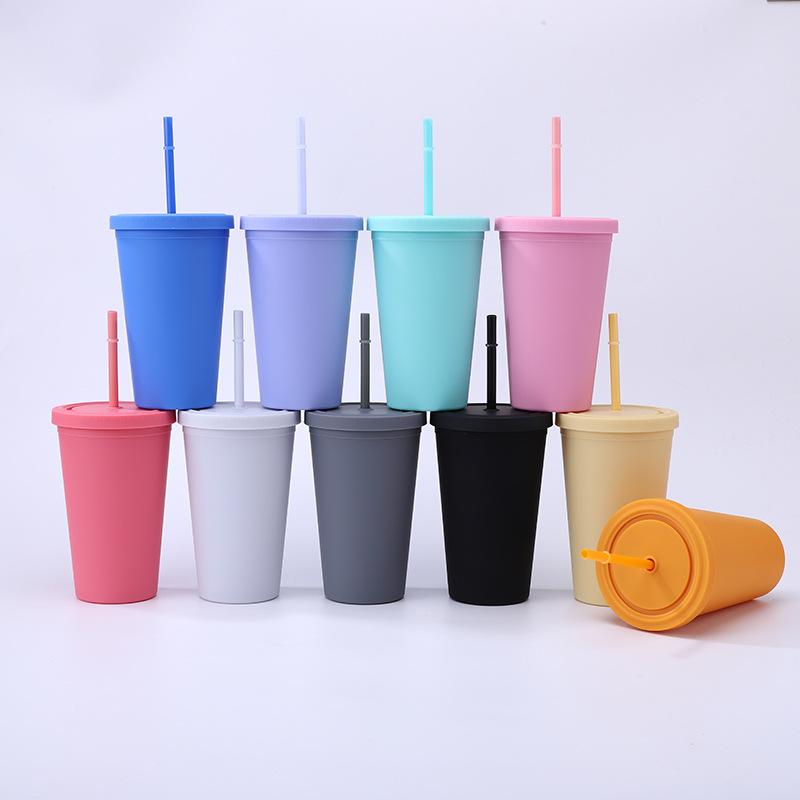 

16/24 унции двойной стенки пластиковая трубочка чашка для кофе пластиковая матовая удобная чашка для воды легко носить с собой трубочка чайник спортивная бутылка CHINA