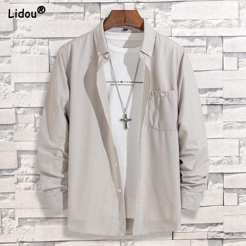 

2023 New Spring and Autumn Fashion Trend Business Casual Lapel Single Breasted Long Sleeve Solid Loose Oversize Men s Shirt L серый