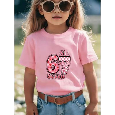 European Sizes Pink Heart-Patterned Number 67 T-Shirt for Girls and Boys - Comfortable Casual Round-neck Design