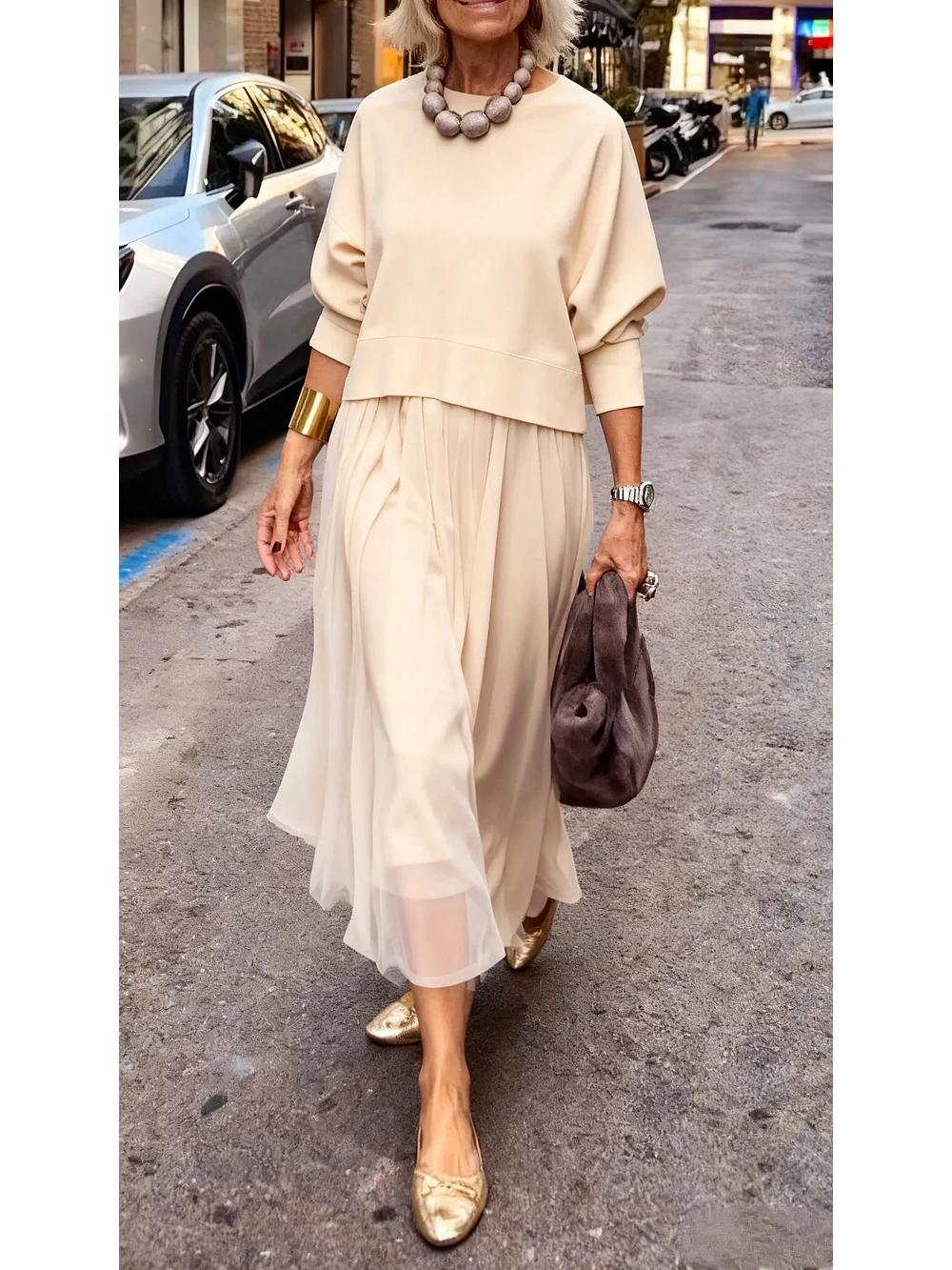 2026 Autumn/Winter Retro French Elegant Solid Mesh Strap Long Sleeve Dress L абрикосовый
