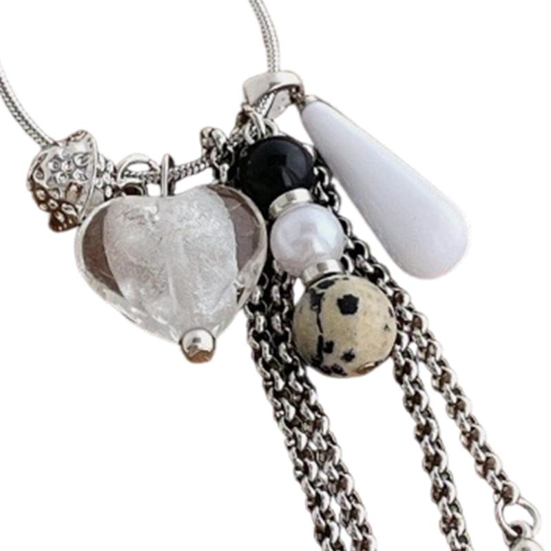 Adjustable Heart Pendant Necklace With Simulated Pearls Tassels Drop For Women French Colored Glaze Agate Stone Jewelry