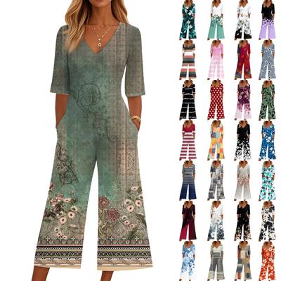 Women's Loose Casual V-Neck Printed Jumpsuit Slim Fit Wide Leg Jumpsuit Wide Leg Jumpsuit