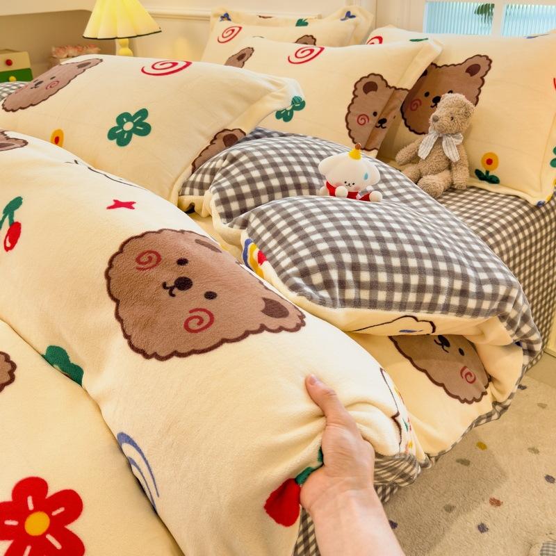 Thickened Milk Fleece Four-Piece Set Double-Sided Fleece Quilt Cover Coral Flannel Bed Sheet Quilt Cover Three-Piece Set Of Bed Hat