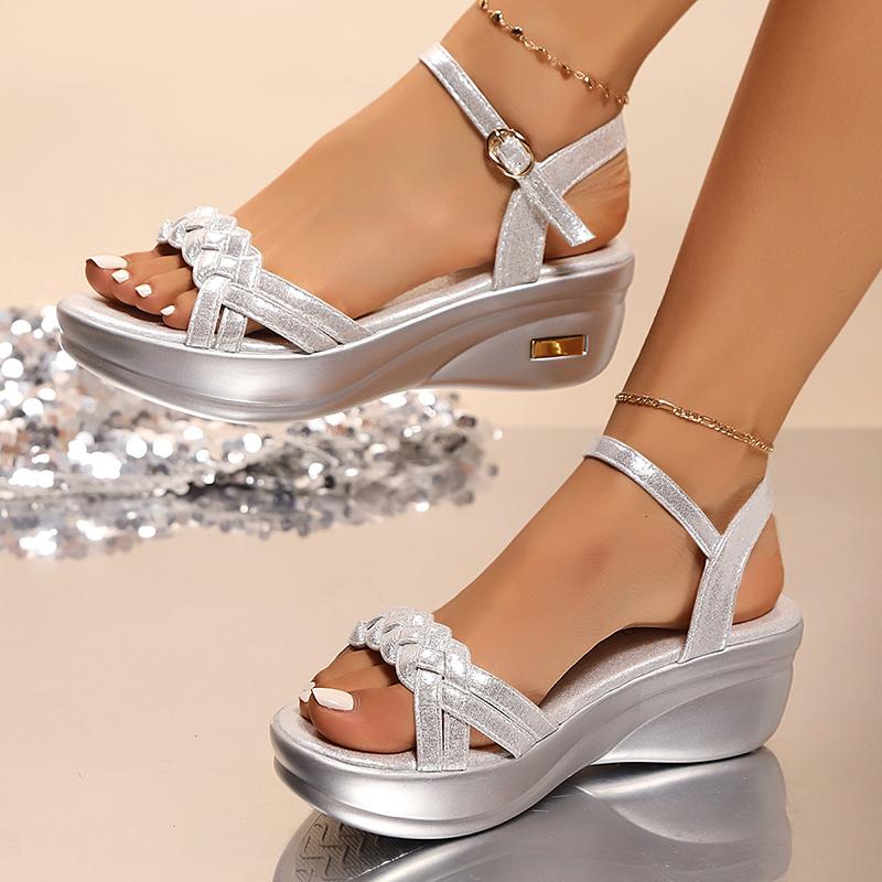 Plus Size Fashion Weaving Platform Sandals for Women Gold Silver Wedge Sandals Woman Summer 2026 Comfort Thick Sole Beach Shoes