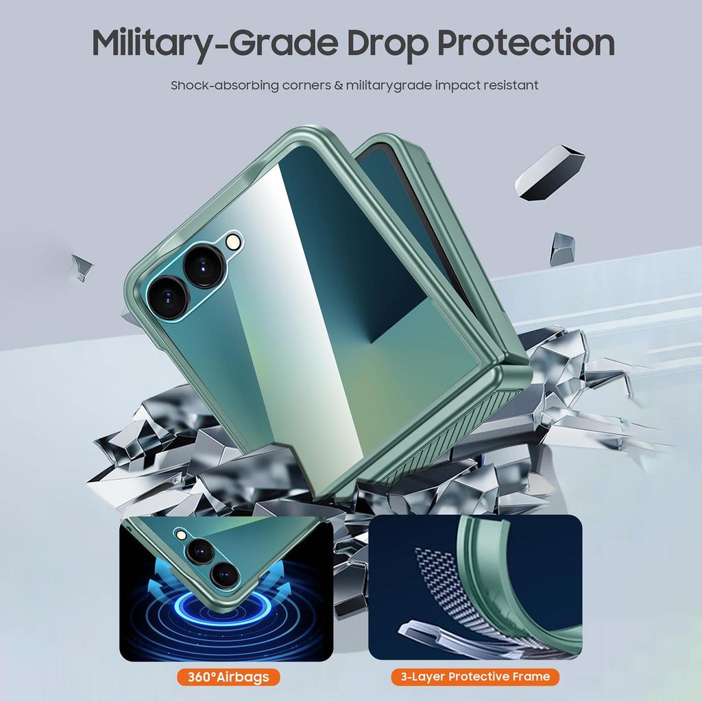 For Samsung Galaxy Z Flip 7 with Card Holder [RFID Blocking] & Hinge Protection & HD Screen Protector,Rugged Anti-Scratch Phone Case-Mint Green