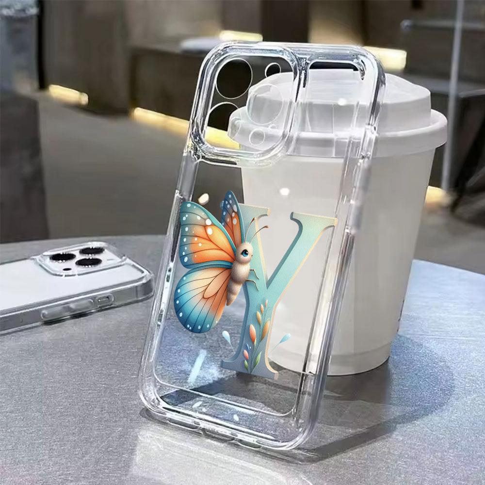 For Samsung Galaxy A54 A14 A34 A24 Blue Butterfly Flower Letters A-Z Couple Phone Case Transparent Clear Silicone Bumper Cover