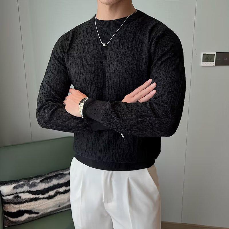 Męski dopasowany sweter żakardowy z okrągłym dekoltem - Koreański styl Kolekcja Jesień/Zima