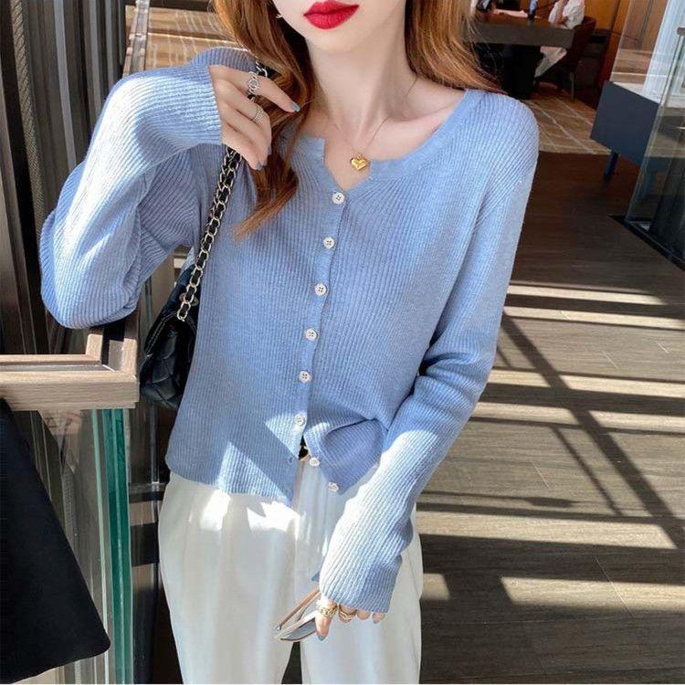 Women's Knit Cardigan Autumn Winter Gentle Chic Small Coat Long Sleeve V-neck Thin Outer Wear Versatile Top