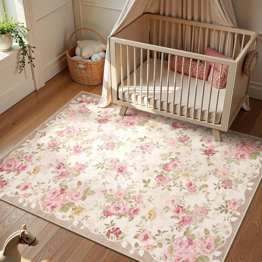 Pink Peony Flower Pattern Carpet Pink Soft Washable Floor Mat Bedroom Children's Room Nursery Garden Style Decorative Area Rug