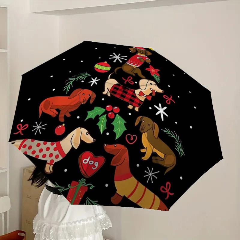 1pc Christmas Tree with Dachshunds Umbrella with Plastic Handle,Suitable for All Seasons Home Travel Outdoor UmbrellaDD328