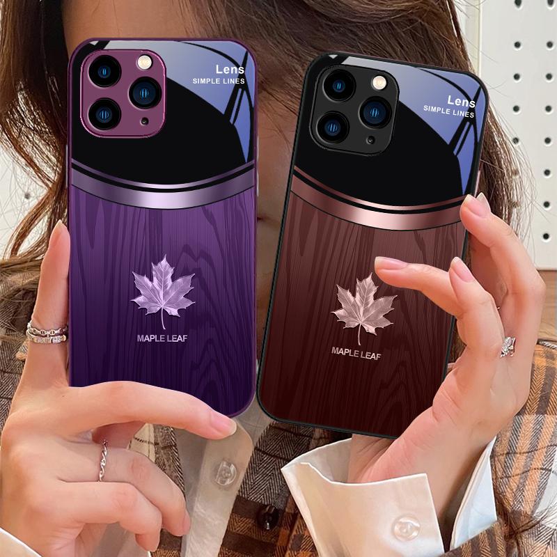 Holzmaserung Gebogenes Ahornblatt Schwarz Für IPhone 15 Pro 14 13 12 Mini 11 XS Max XR 7 8 Plus SE 2020 2022 Gehärtetes Glas Handyhülle