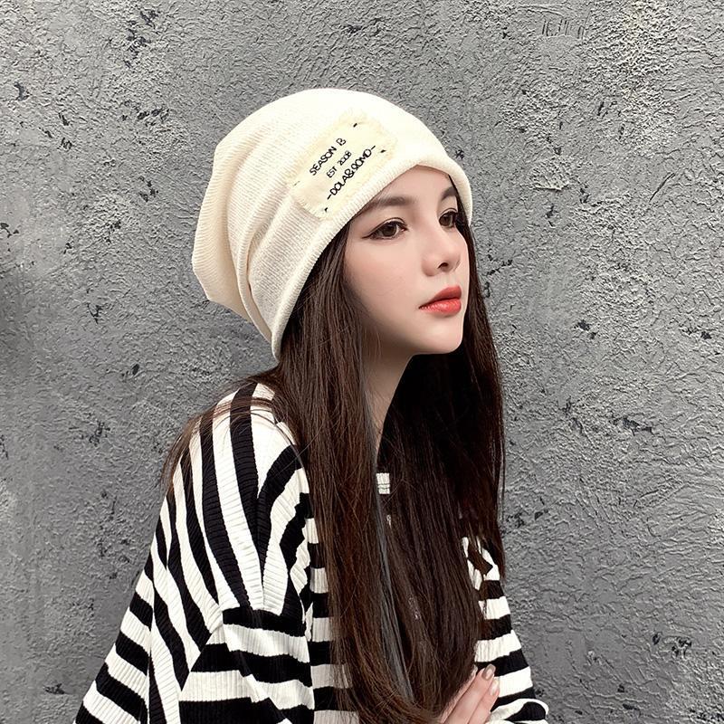 Women's Slouch Beanie: Metal Logo, Plain Color, Letter Knit, Large Head Circumference, Cloud Design - Autumn/Winter.