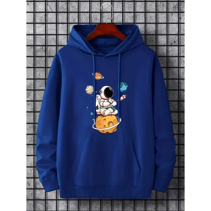 Cartoon meditation astronaut planet rocket print men's autumn/winter hooded sweatshirt loose casual pullover sweatshirt