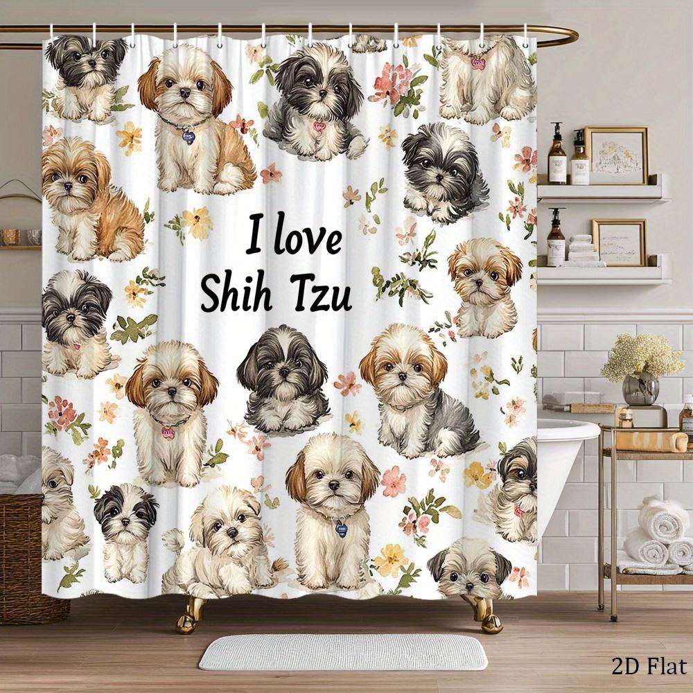 Cute Shih Tzu Shower Curtain Waterproof Fabric Bathroom Curtains Floral Puppy Dog Bath Screen Divider Home Decor With Hooks 75X95CM