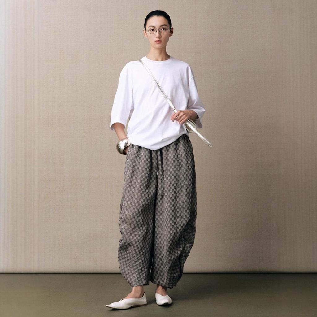 Retro Linen Plaid Pleated Casual Pants