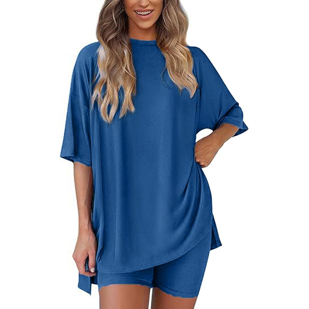 Women's Loose Fashion Solid Color Split Round Neck Short Sleeve Top Small Pocket Shorts Two Piece Set