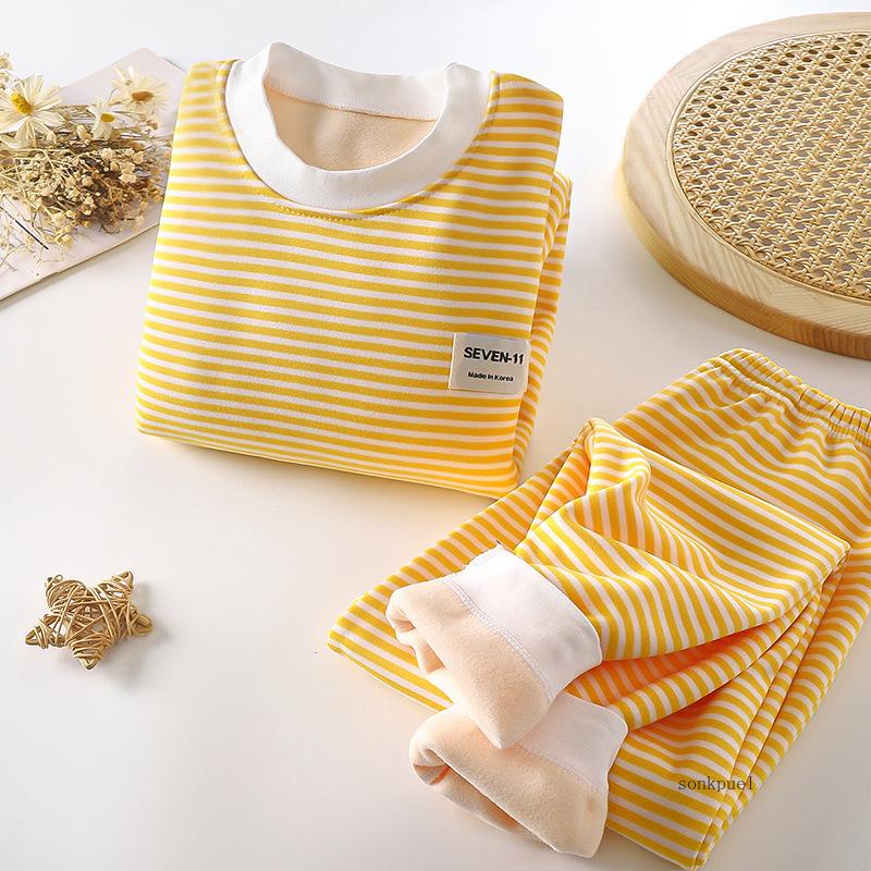 New Autumn Winter Kids Pajamas Baby Boys Girls Striped Thicken Warm T-shirt with Pants Youth Pyjamas Sleepwear Clothing Sets