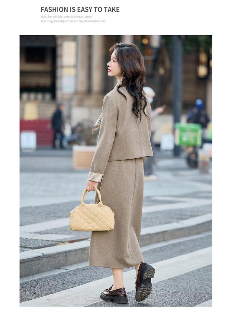 Spring 2025 Bow-Accent Single-Breasted Jacket & Skirt Two-Piece Set