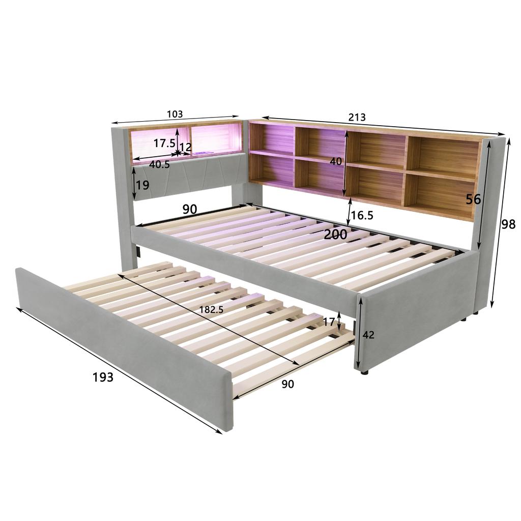 Schlafsofa 90*200, Ausziehbares Bett 90*190, Ausgestattet mit LED-Leuchten, Steckdosen und vielen Staufächern, Flanell, Hellgrau.