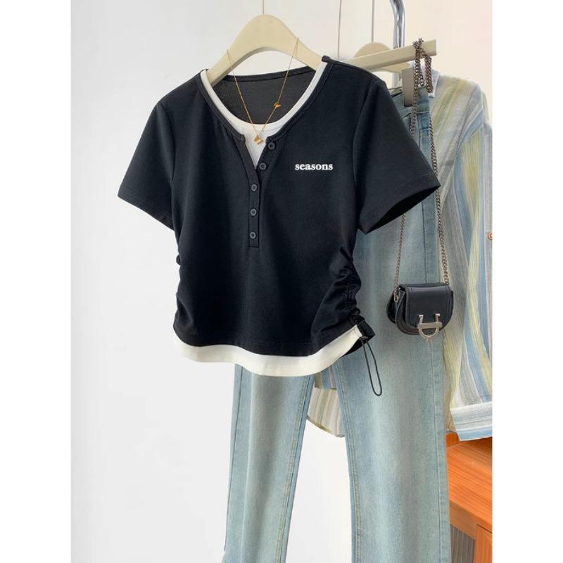 

Женская летняя мода дизайн ниша поддельные два тонких шнурка с короткими рукавами топы 2XL чёрный