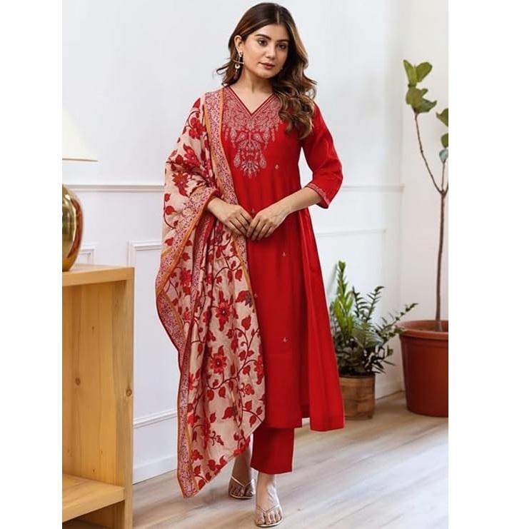 Women Party Wear Embroidery Straight Kurta and Pant Set with Dupatta Set S красный
