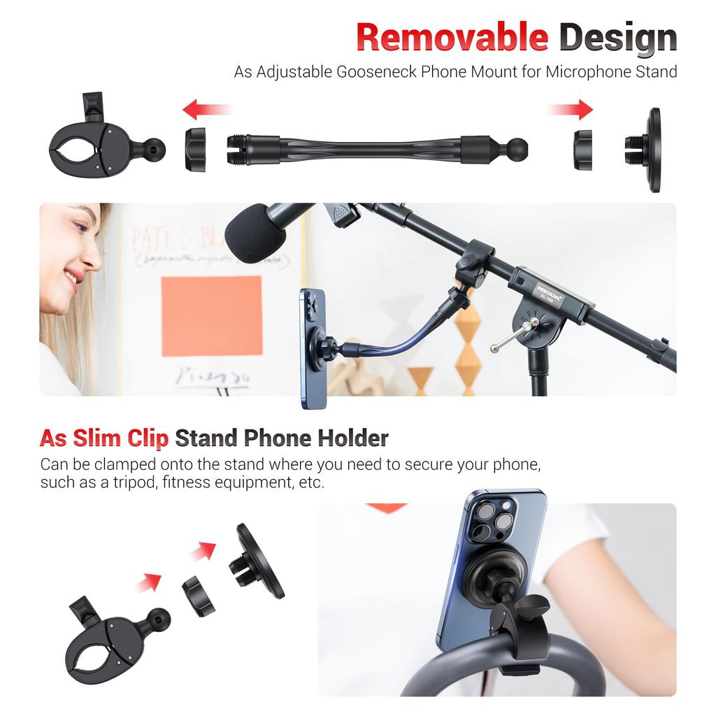 Magnetic Music Stand Phone Holder with Fitness Bike Clip, Smartphone Arm Stand with 360° Rotation, Compatible with iPhone 15, 14, 13, 12, Pro, Max,
