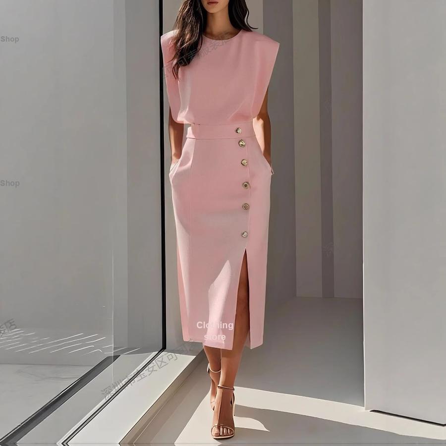 Fashion Girly Solid Color Crew Neck Ruched Hem Metal Button Summer Dress for Women