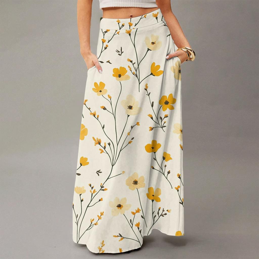 Damen Lässig Freizeit Faltbar Blumenmuster Hohe Taille Mit Tasche Drapierter Entspannter Langer Maxi-Rock