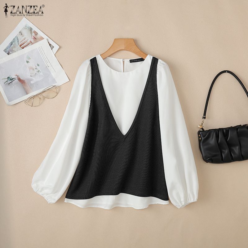 ZANZEA Women Casual Round Neck Long Sleeve Loose Patchwork Blouse