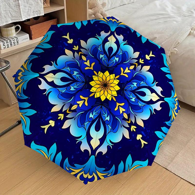 

1pc Blue Yellow Flower Mandala Fashionable Automatic Opening/Closing Folding Umbrella with 8 Iron Bones, Plastic Handle yy251015040