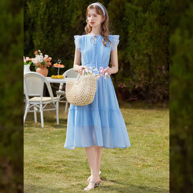 Women's French Style Ruffled A-line Lyocell Tencel Blend Long Dress