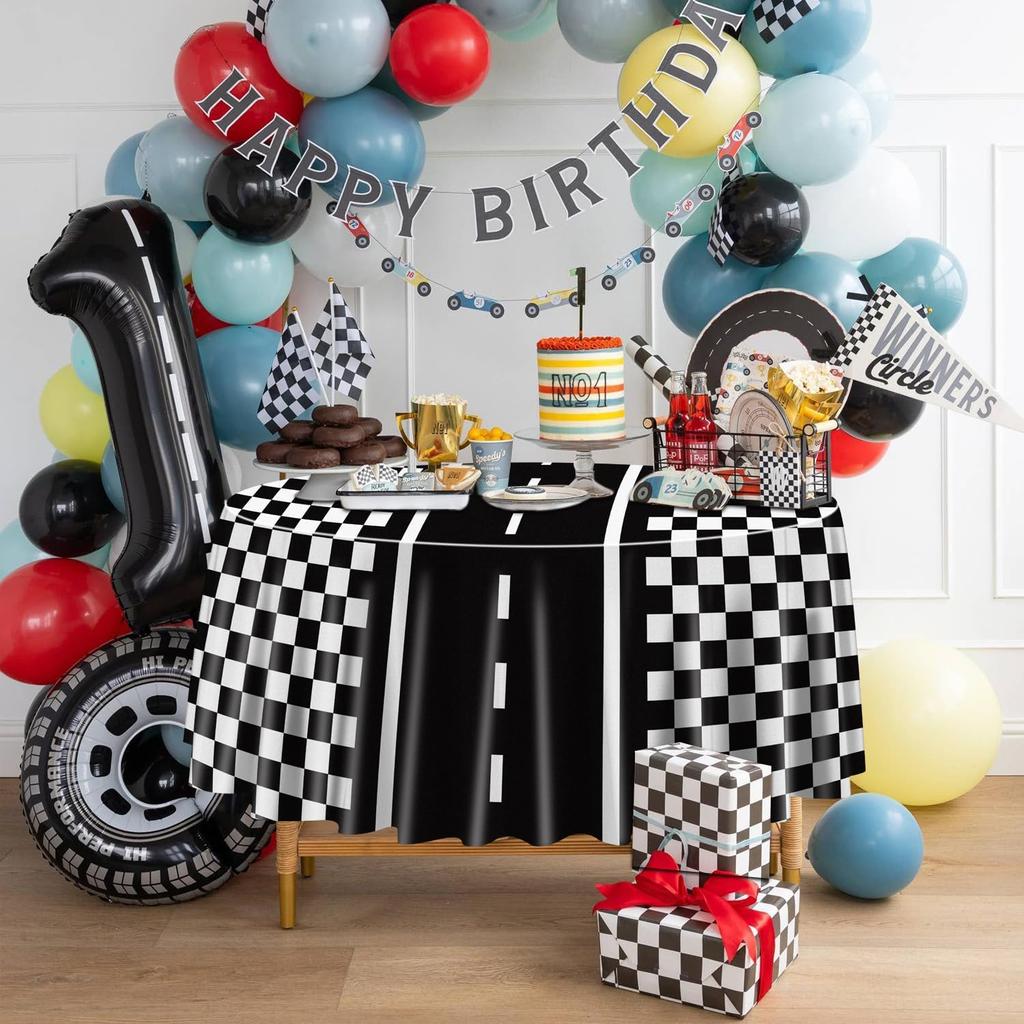 Racing Car Tablecloths for Round Table, Plastic Black Racetrack Tablecover for Kid's Birthday Racing Car Theme Party Fast One Two Fast Party, 84 x