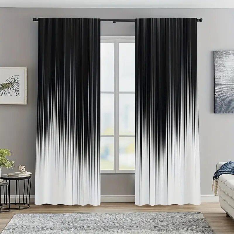 Gradient Stripes Black White Print Curtains Pole Bag Home Decoration Room Set Of 2 Made Polyester