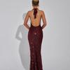 Women's Sheer Mesh Maxi Dress Sparkly Sequins See Through Halter Long Dress Deep V Neck Backless Bodycon Dress Sexy Party Outfits