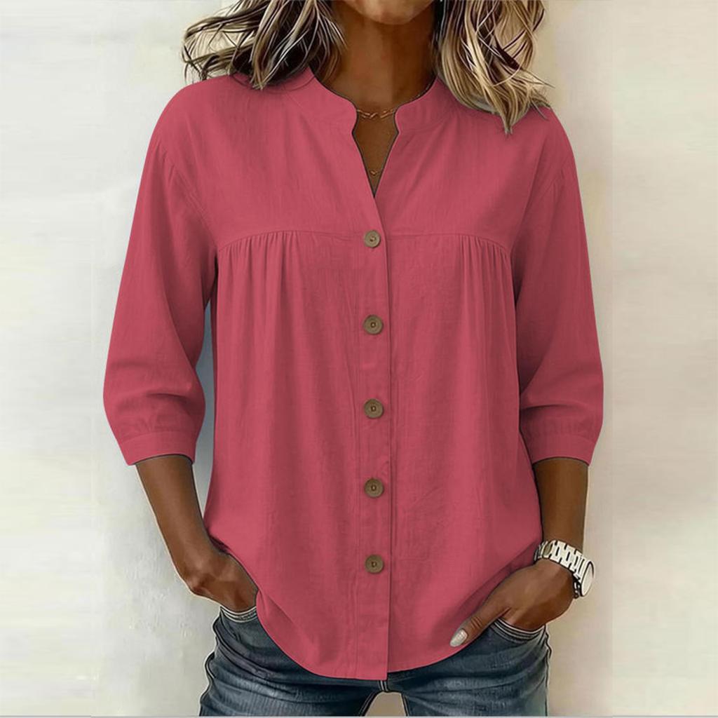 Women Casual Solid Color V Neck Button Down Three Quarter Sleeve Blouse Lightweight Loose Fit Shirt for Everyday Wear